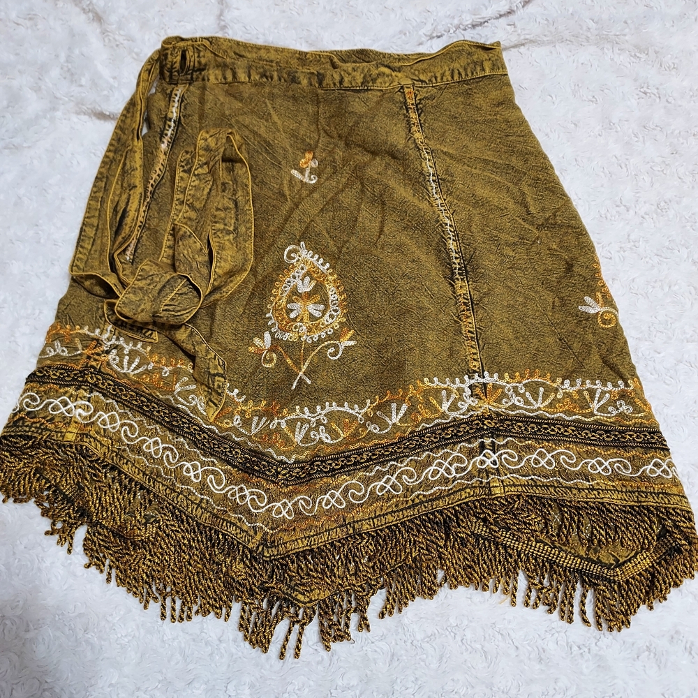 Bohemian Zari Embroidered Wrap Fringe Skirt Festival Hippie Boho Gypsy Whimsy